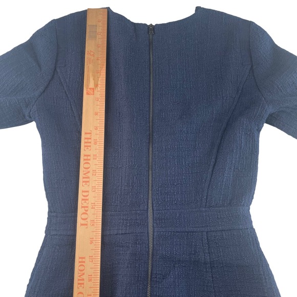 J. Crew Navy Textured Sheath Dress Fringed Hem 3/4 Sleeve Pockets Rear Slit 2 - Picture 7 of 12